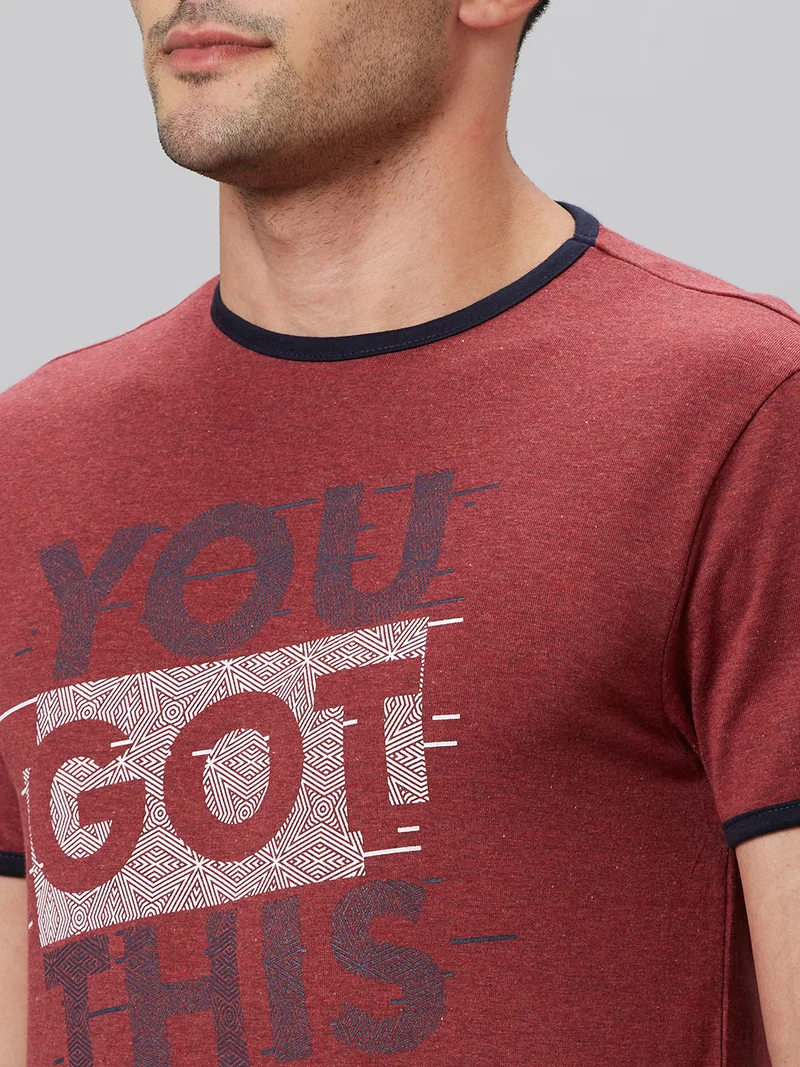 globus Globus Men Maroon Printed Round Neck Cotton Regular Fit Casual T-shirt